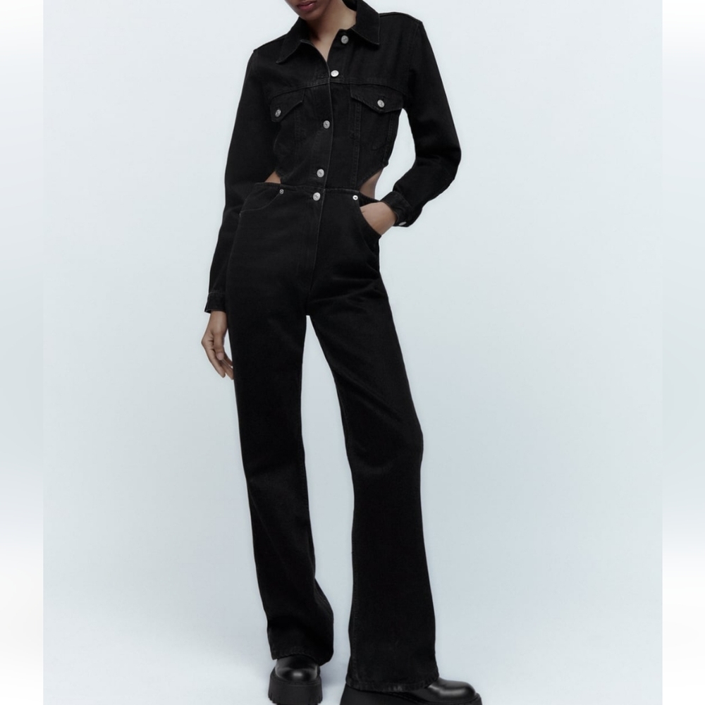 NWT * ZARA Jumpsuit Cut Out Denim Long Wide Leg - Picture 14 of 16